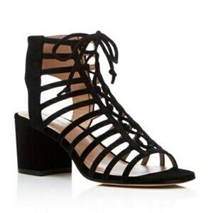 Pour la Victoire Amabelle Black Suede Block Heel Lace Up Caged Sandals 8…